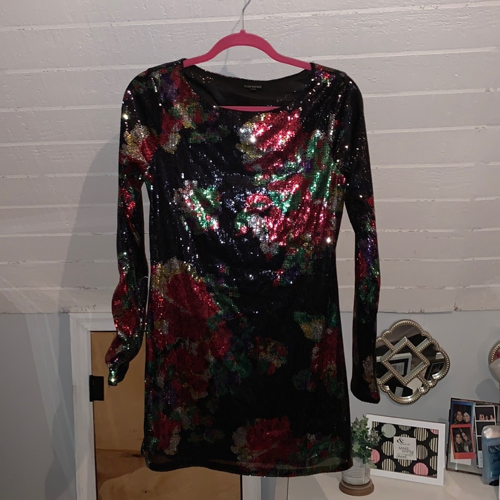 Sequin floral black express mini dress